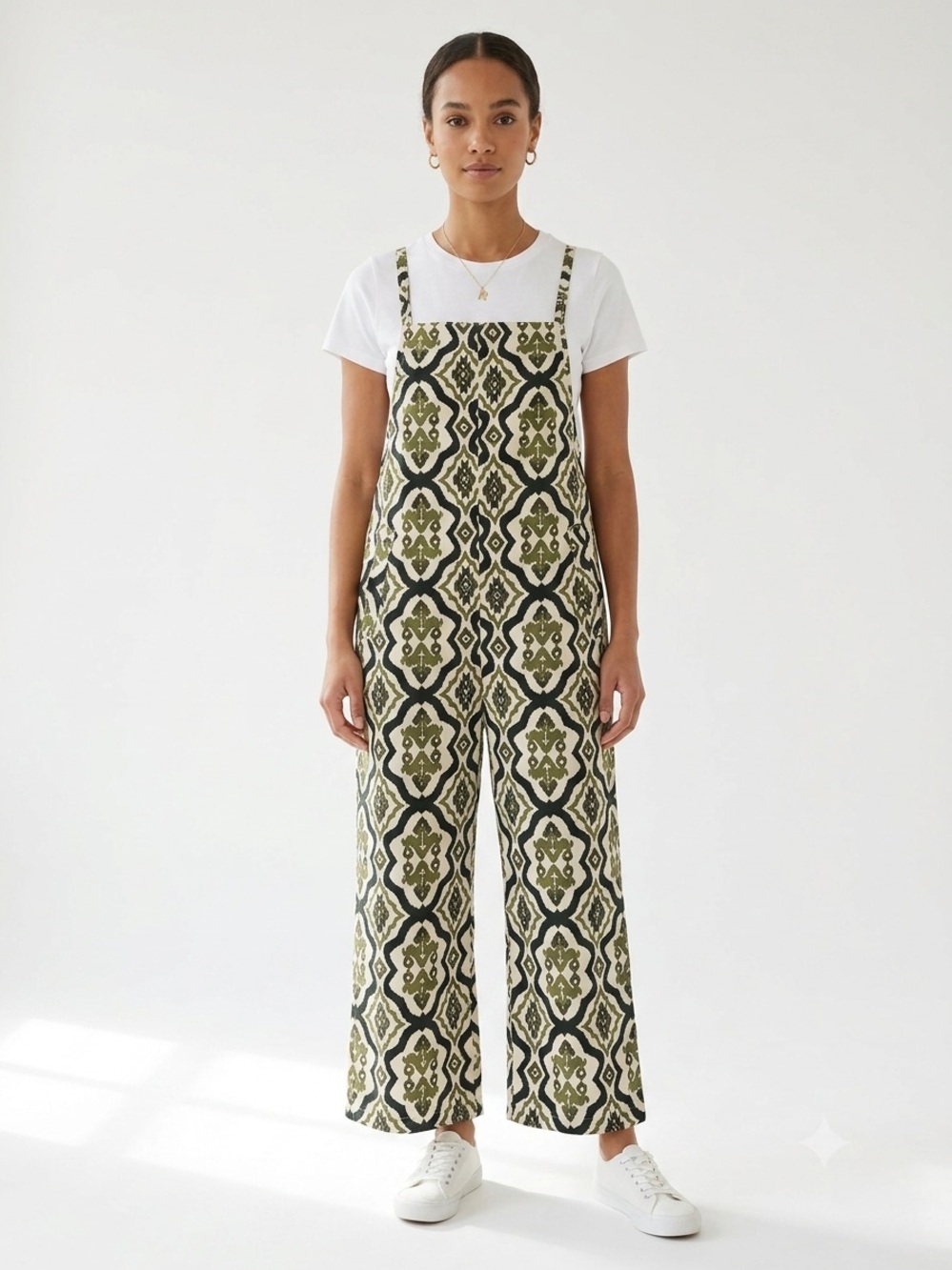 Women's Patterned Cotton Jumpsuit Size XS Green White Sleeveless Wide Leg Casual